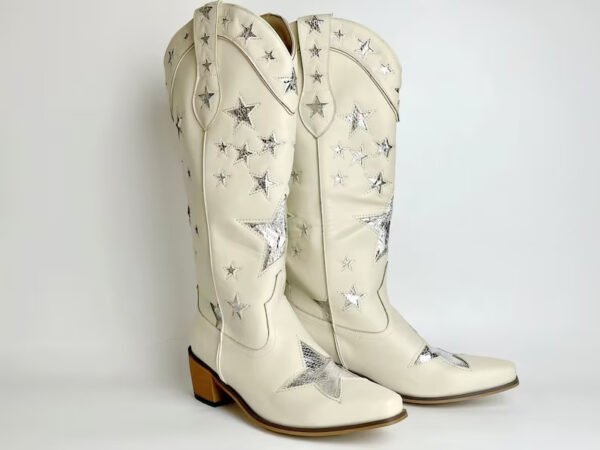 Beige Star Cowboy Boots, Star Embroidered Cowboy Boots, Thigh High Boots, Cowboy Boots With Stars, Patriotic Cowboy Boots
