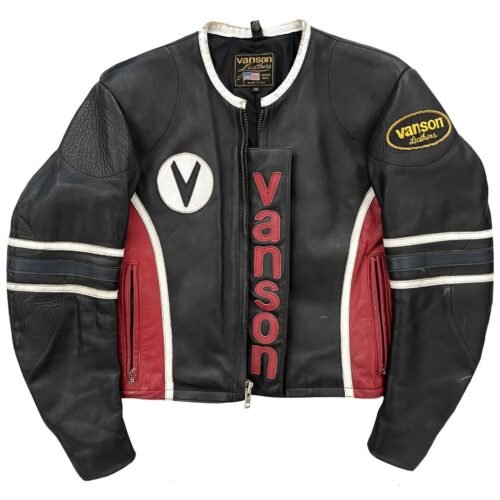 Vanson Leathers Motorcycle Racer Men’s Black and Red Varsity Jacket