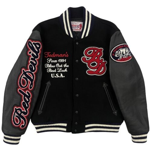 Tedman’s Since 1991Blow Out the Bad Luck U.S.A Men’s Black and Red Varsity Jacket