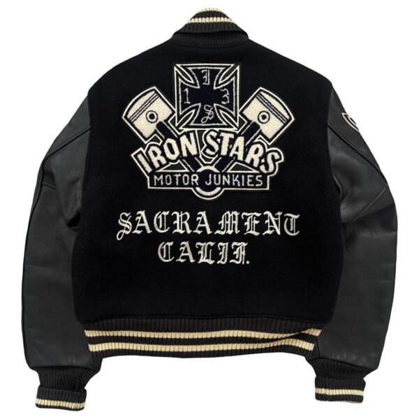 Iron Stars Motor Junkies Men's White and Black Varsity Jacket
