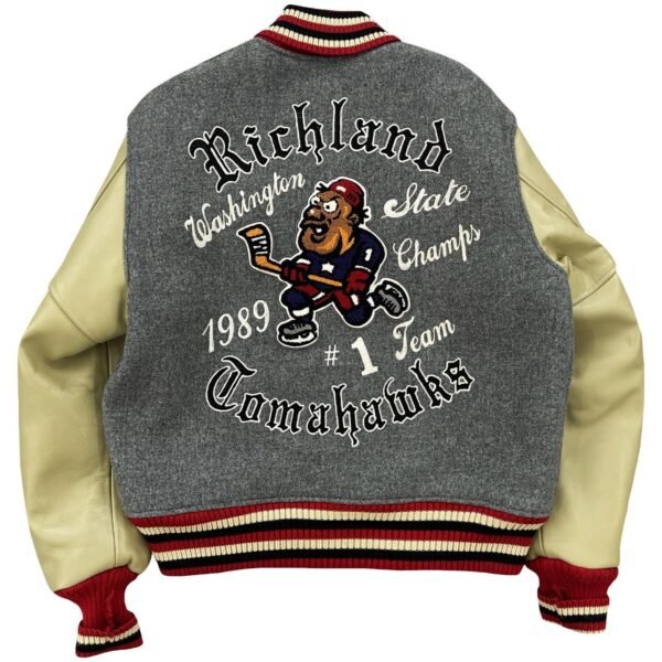 Richland Washington State Champs 1989 Men's Grey and Cream Varsity Jacket
