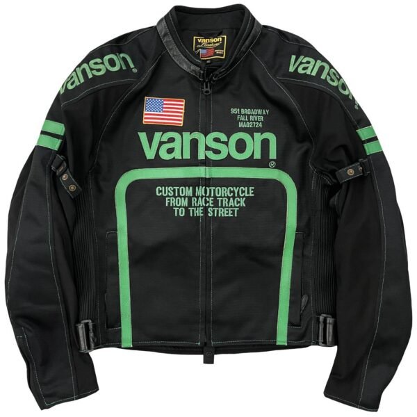 Vanson Leathers Motorcycle Racer Men's Black and Green Varsity Jacket