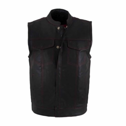 LEATHER VEST WITH RED STITCHING AND INSIDE FLAG LINING