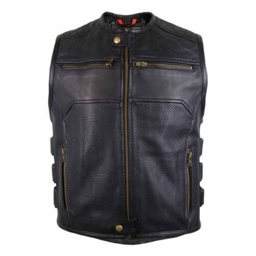 MOTORCYCLE LEATHER VEST WITH ZIPPER AND ADJUSTABLE VELCRO STRAPS