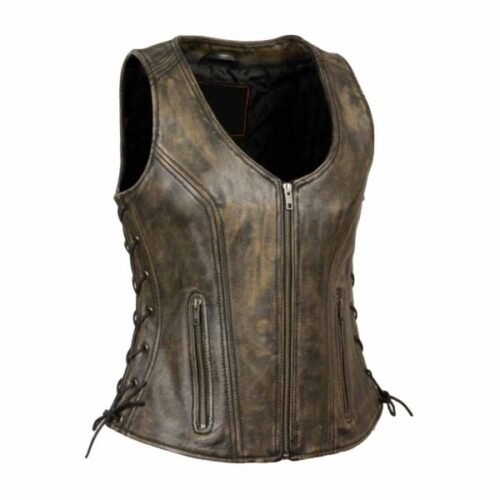 LEATHER WOMEN’S BLACK ‘OPEN NECK’ LEATHER VEST WITH SIDE LACES