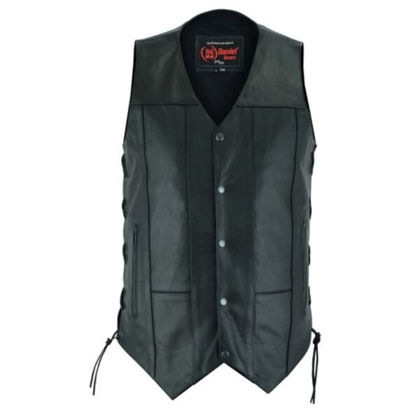 Mens Black Leather Vest with Side Laces and Gun Pockets