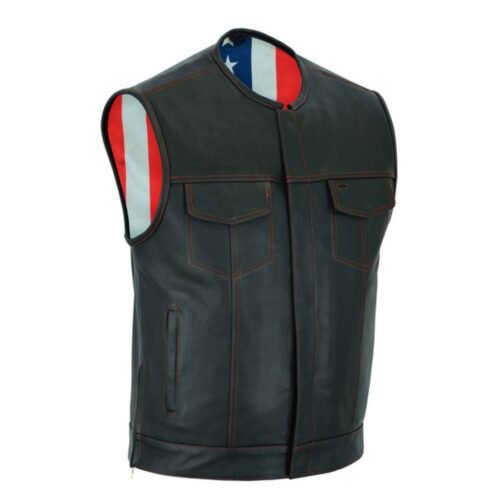 Mens Leather Vest with Red Stitching and Usa Inside Flag Lining