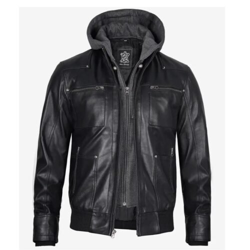 Mens Black Leather Bomber Jacket with Removable Hood