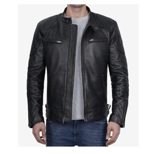 Black Leather Cafe Racer Jacket for Men