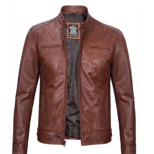 Mens Cognac Cafe Racer Biker Leather Jacket