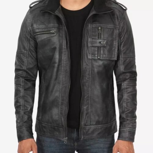 Mens Biker Style Distressed Black Leather Jacket