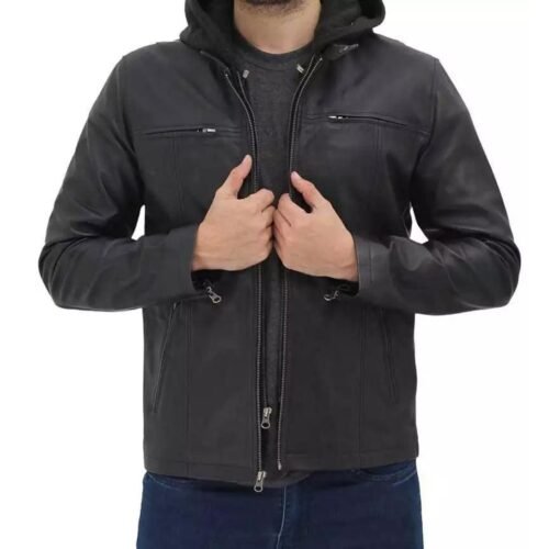 Men’s Cafe Racer Black Leather Jacket with Removable Hood