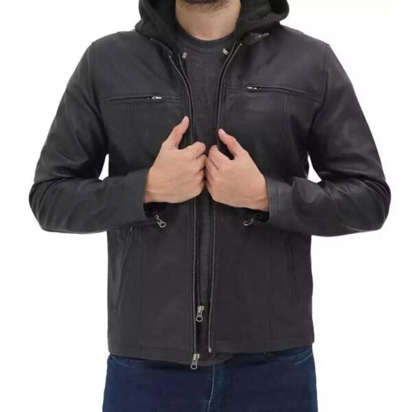 Men's Cafe Racer Black Leather Jacket with Removable Hood