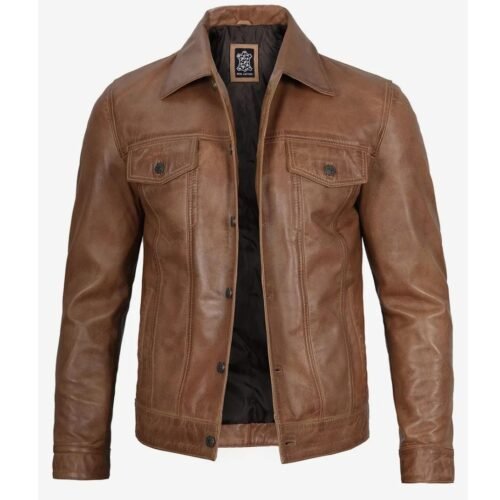 Mens Real Leather Camel Brown Trucker Jacket