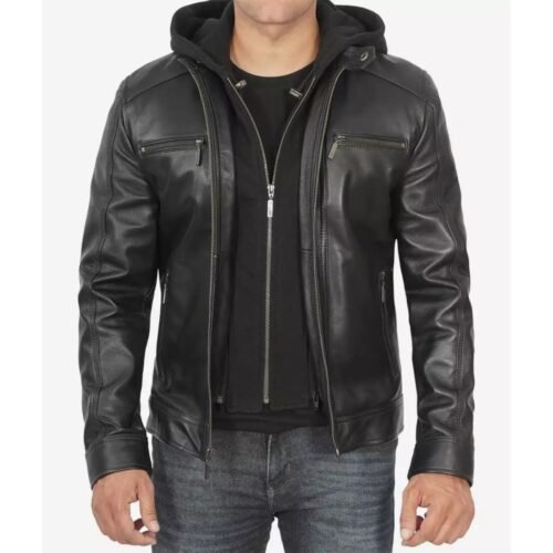 Premium Black Hooded Cafe Racer Leather Jacket Mens