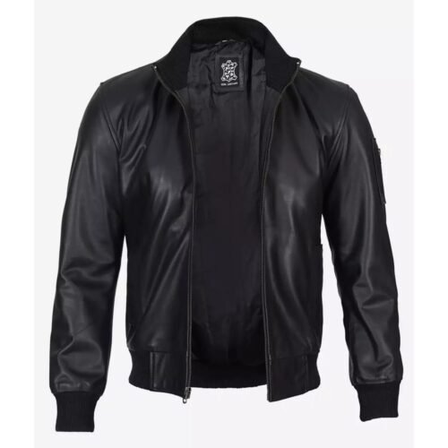 Mens Premium Black Cowhide Leather Bomber Jacket