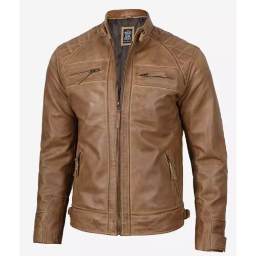 Mens Quilted Shoulder Camel Brown Cafe Racer Leather Jacket