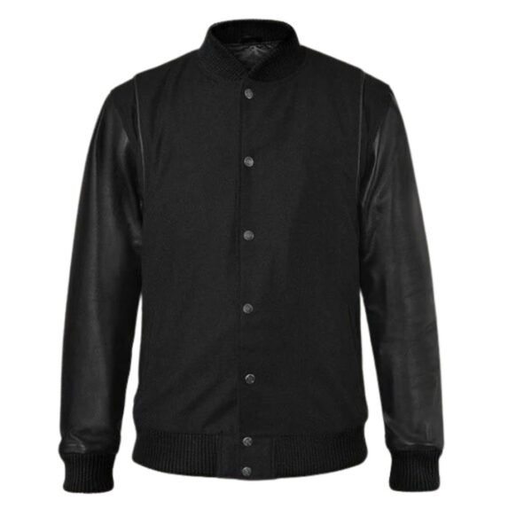 Men’s Black Cotton Varsity Noir Jacket With Leather Sleeves