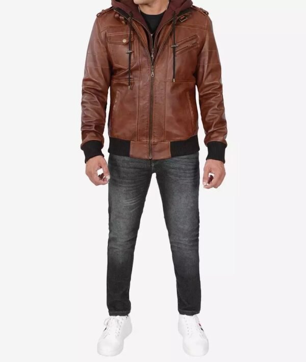 Mens Tall Brown Leather Bomber Jacket With Removable Hood