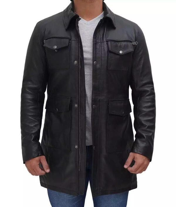 Mens Black Shirt Collar 3/4 Length Leather Coat