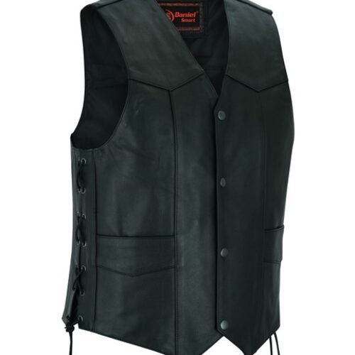 Mens Black Leather Concealed Carry Biker Vest