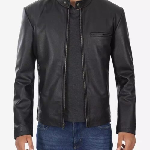 Mens Black Cafe Racer Cowhide Leather Jacket