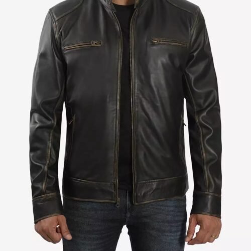 Mens Tall Real Leather Rub-Off Brown Cafe Racer Jacket