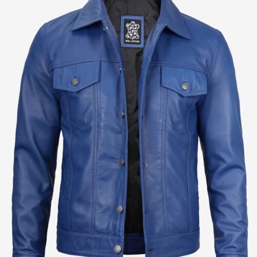 Mens Real Lambskin Leather Blue Trucker Jacket