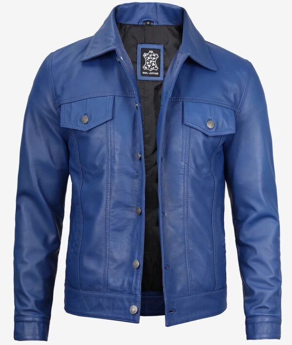 Mens Real Lambskin Leather Blue Trucker Jacket