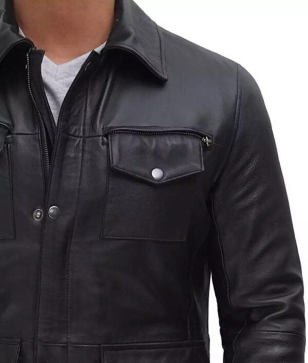 Mens Black Shirt Collar 3/4 Length Leather Coat