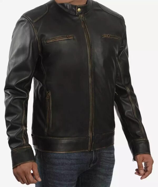 Mens Tall Real Leather Rub-Off Brown Cafe Racer Jacket