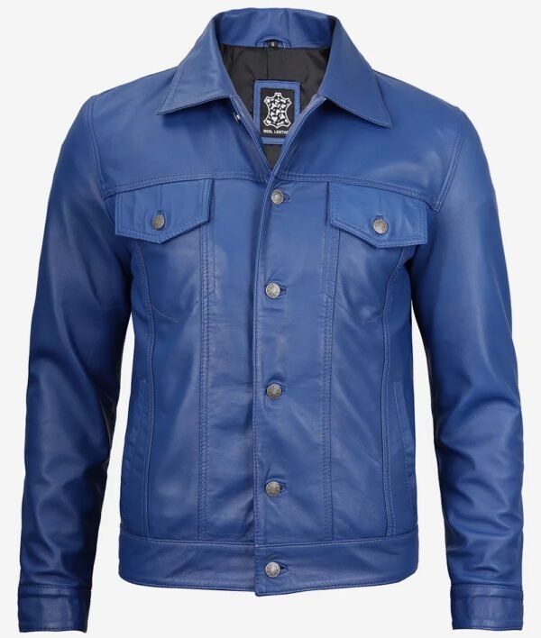 Mens Real Lambskin Leather Blue Trucker Jacket