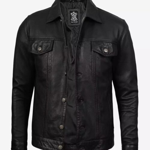 Fernando Mens Black Washed Leather Trucker Jacket