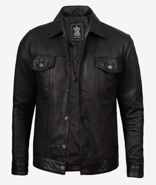 Fernando Mens Black Washed Leather Trucker Jacket