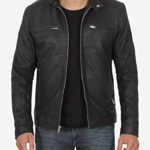 Dodge Black Snuff Leather Racer Jacket Mens