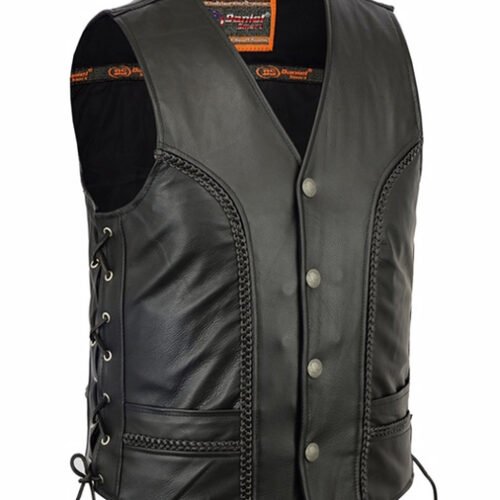 Mens Braided Black Leather Biker Vest