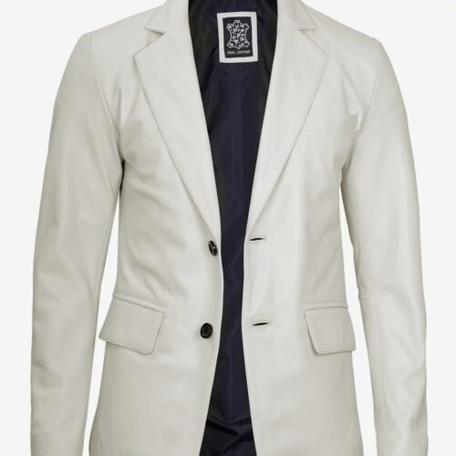 Mens Two Button Off White Leather Blazer