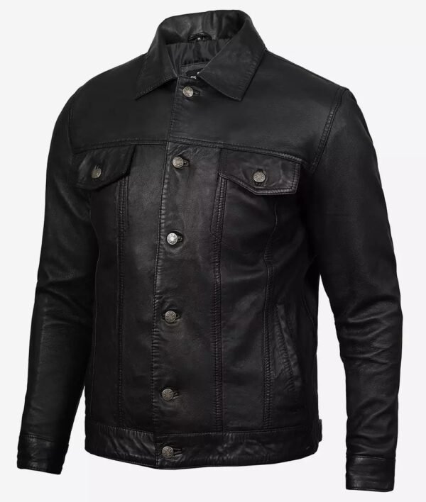 Fernando Mens Black Washed Leather Trucker Jacket