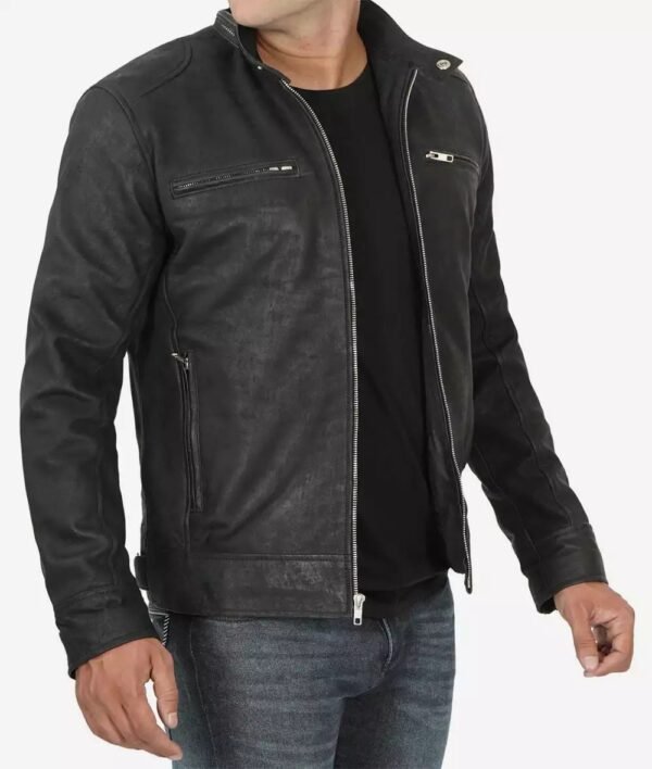 Dodge Black Snuff Leather Racer Jacket Mens