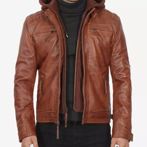 Johnson Mens Tan Waxed Leather Jacket With Removable Hood