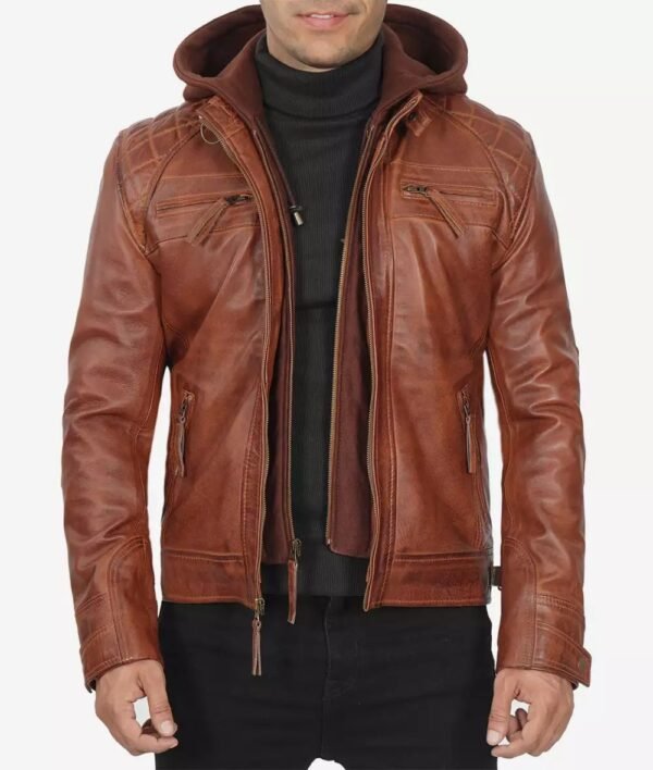 Johnson Mens Tan Waxed Leather Jacket With Removable Hood