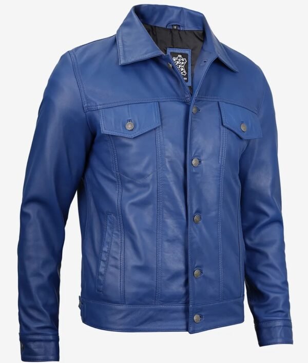 Mens Real Lambskin Leather Blue Trucker Jacket