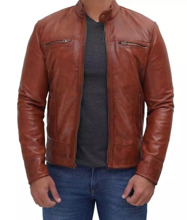 Mens Real Lambskin Leather Tan Cafe Racer Jacket