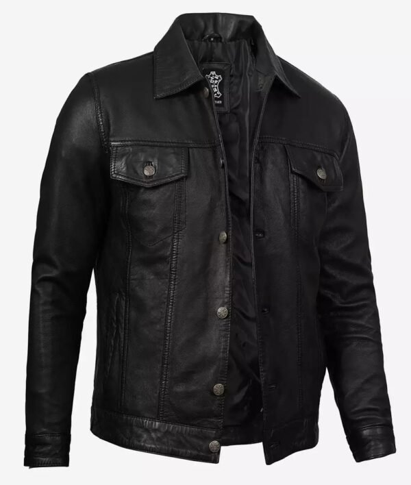 Fernando Mens Black Washed Leather Trucker Jacket