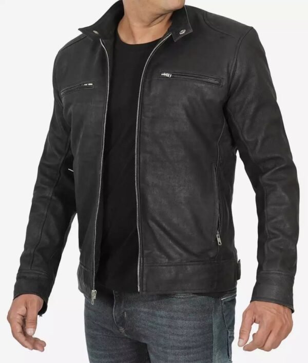 Dodge Black Snuff Leather Racer Jacket Mens