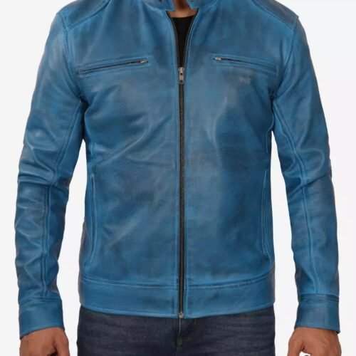 Mens Real Lambskin Leather Blue Cafe Racer Jacket