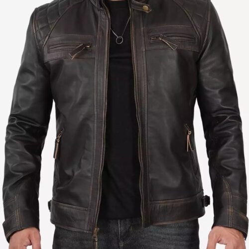 Tall Biker Brown Distressed Leather Jacket for Men