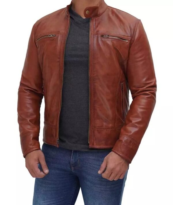 Mens Real Lambskin Leather Tan Cafe Racer Jacket