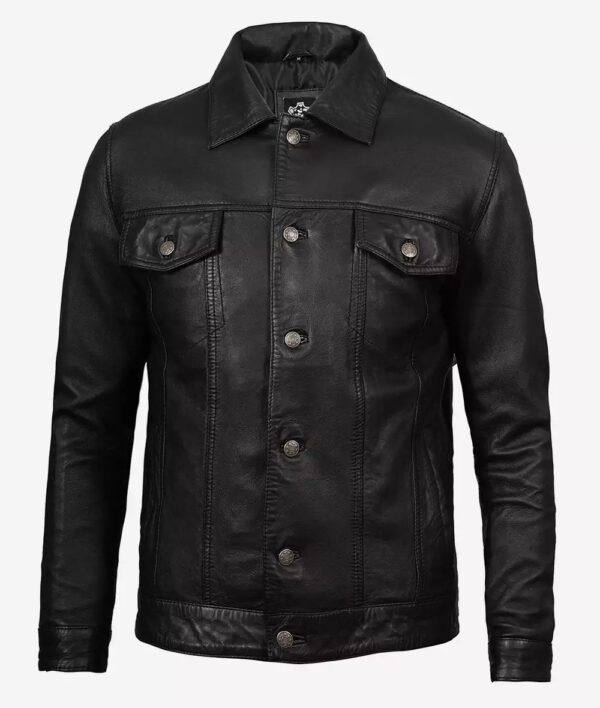 Fernando Mens Black Washed Leather Trucker Jacket