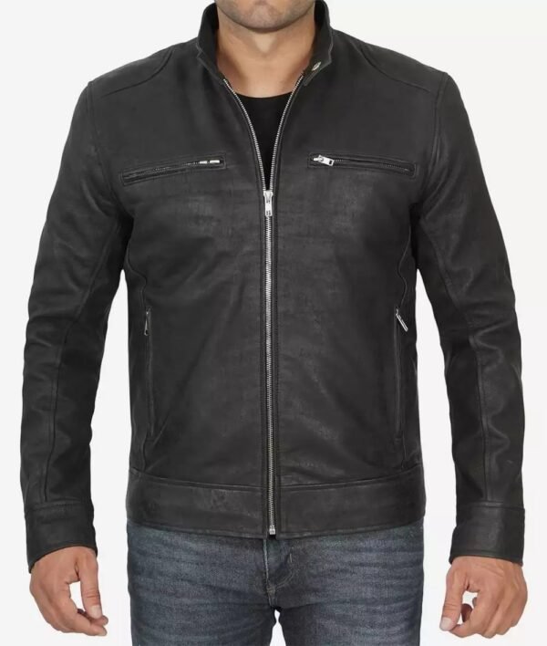 Dodge Black Snuff Leather Racer Jacket Mens